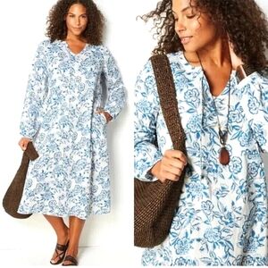 J. Jill Purejill Cotton White And Blue Floral Long Sleeve Midi Dress With Pocket